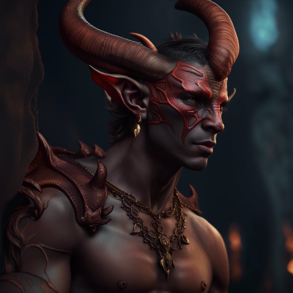 Shirtless Male Tiefling in Detailed Matte Painting