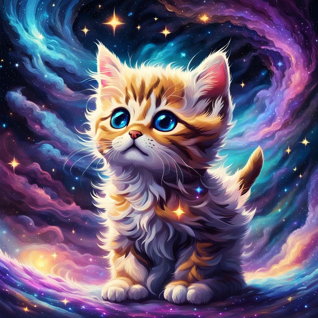 Kitten Explores Nebula in Sci-Fi Concept Art