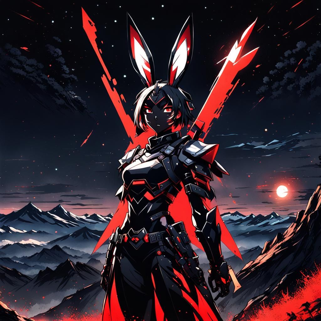 Anime Black Girl with Rabbit Ears on Mountain