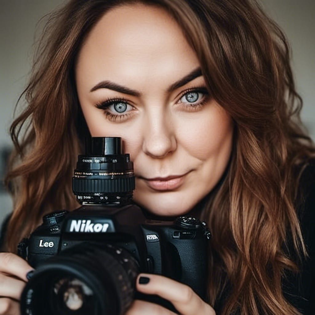 Blonde Woman Holding Camera in Professional Portrait
