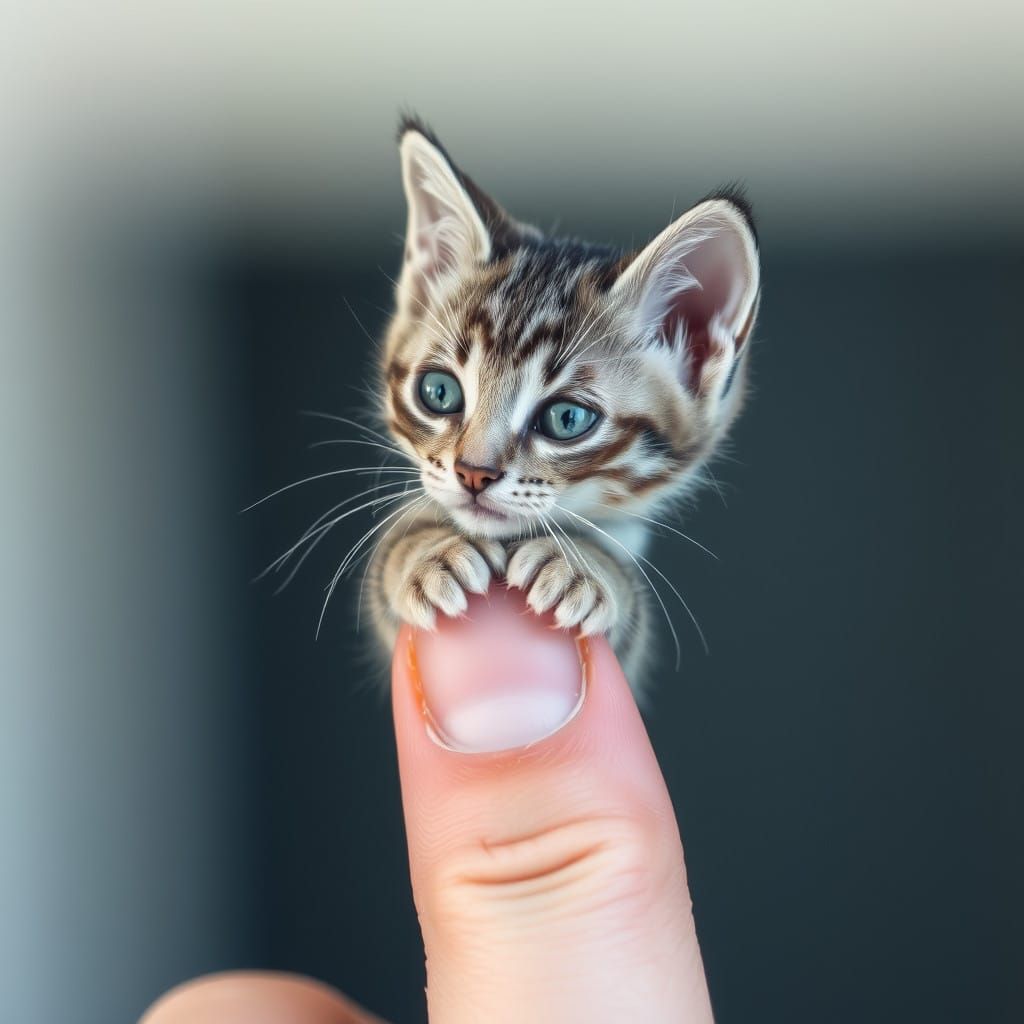 Tiny Realistic Cat Perched on a Human Finger