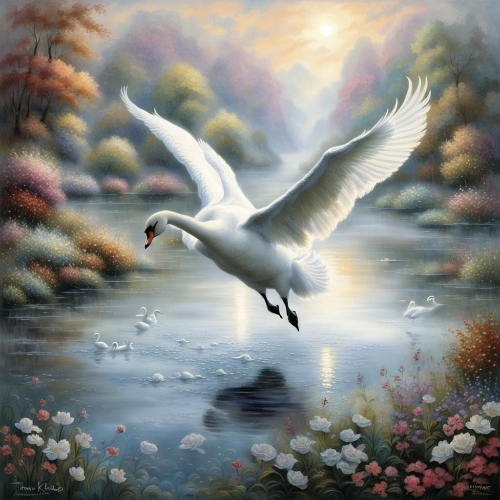 White Swan Landing: Ethereal Fantasy Scene