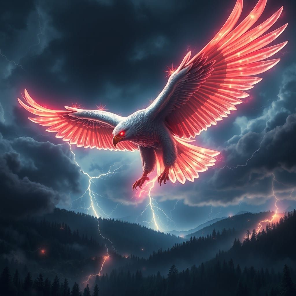 Spectral Firebird Soars Through Stormy Night Sky