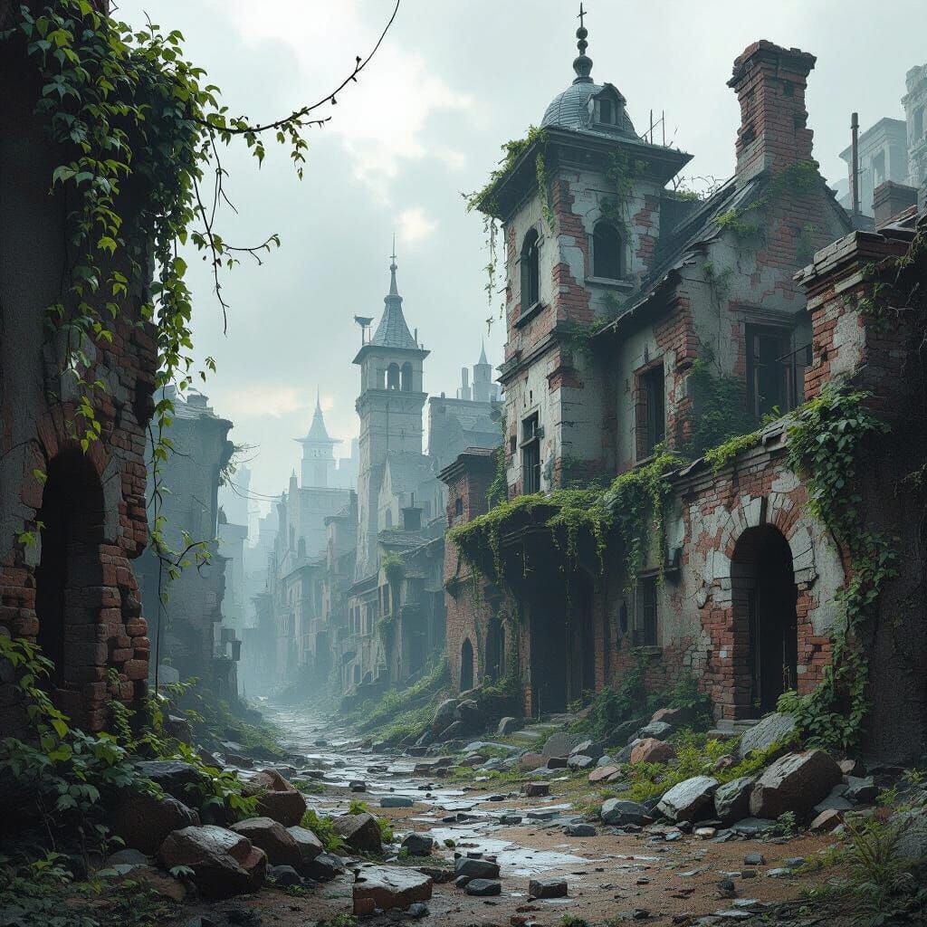 Dystopian Cityscape with Overgrown Ruins in Digital Art Styl...