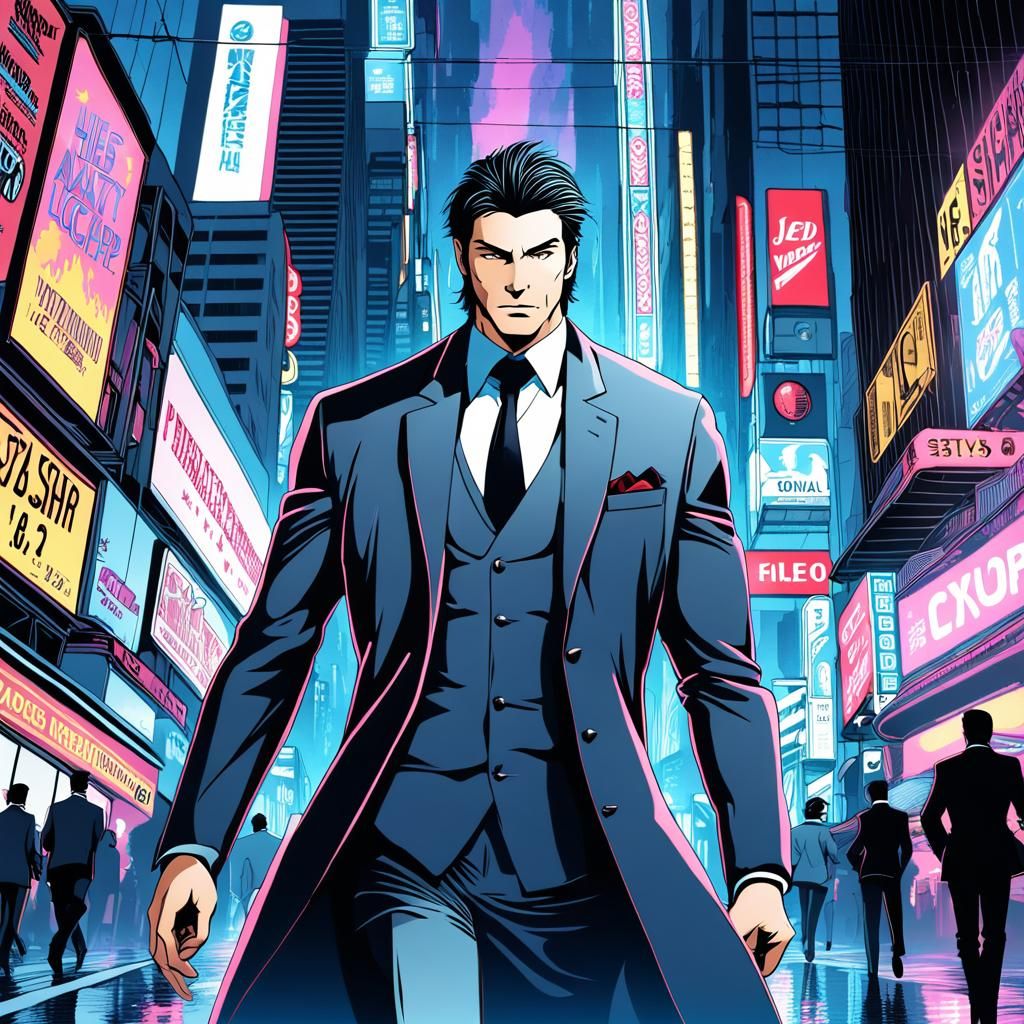 Anime Man in Armani Suit, Futuristic Cityscape