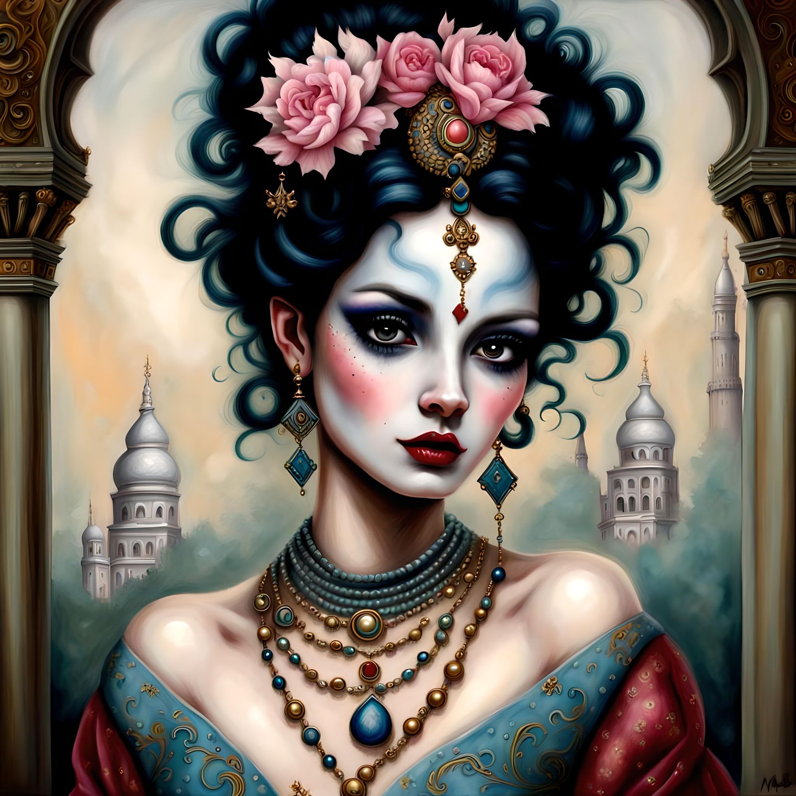 Portrait harlequin shiva, taj mahal, baroque, scumbling, fan...