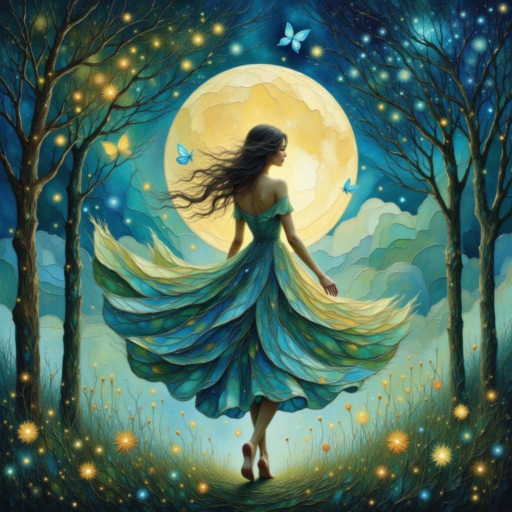 Moonlit Dance: Anime-Style Woman in Dream Garden