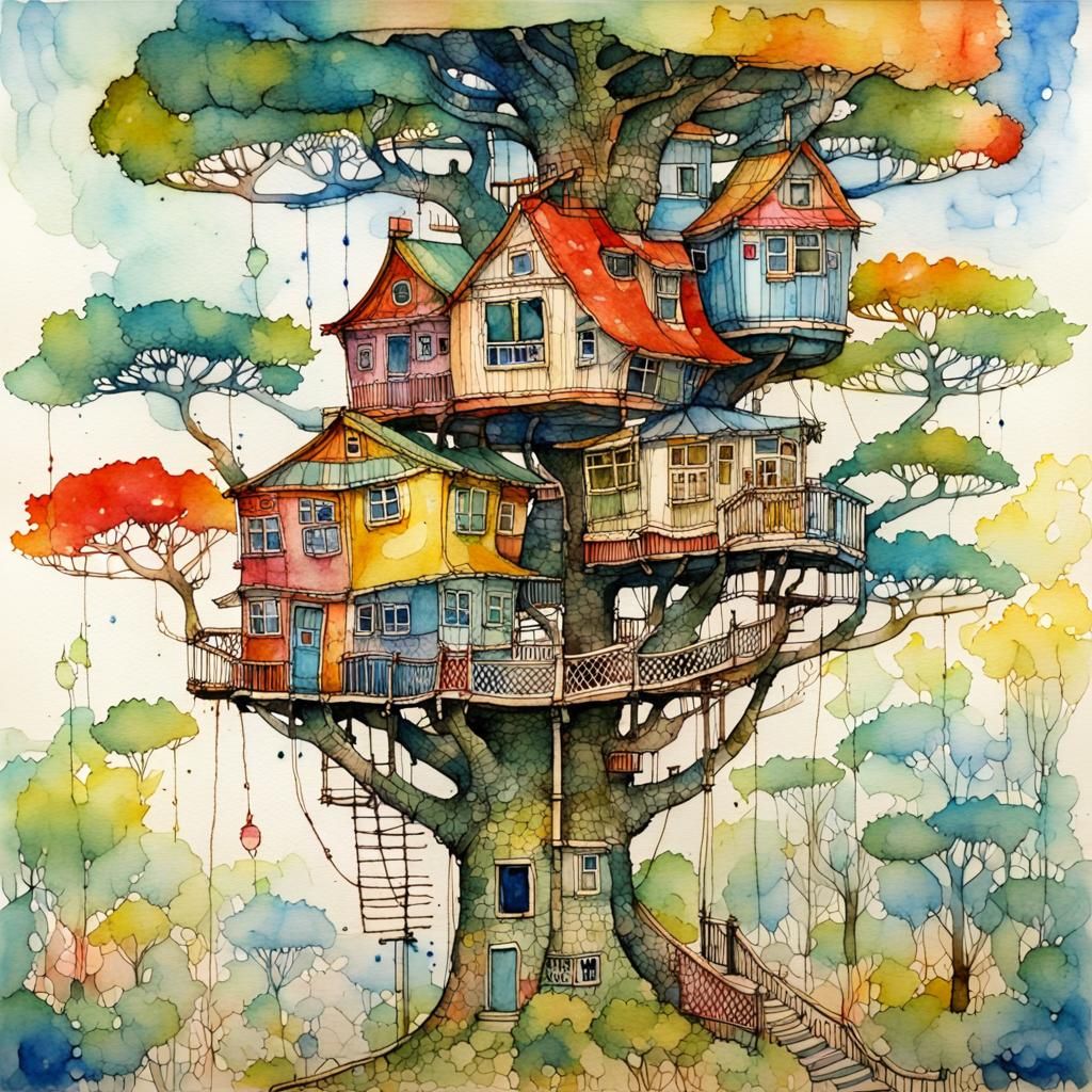 Teacup Treehouse in Maximalist Watercolor Style