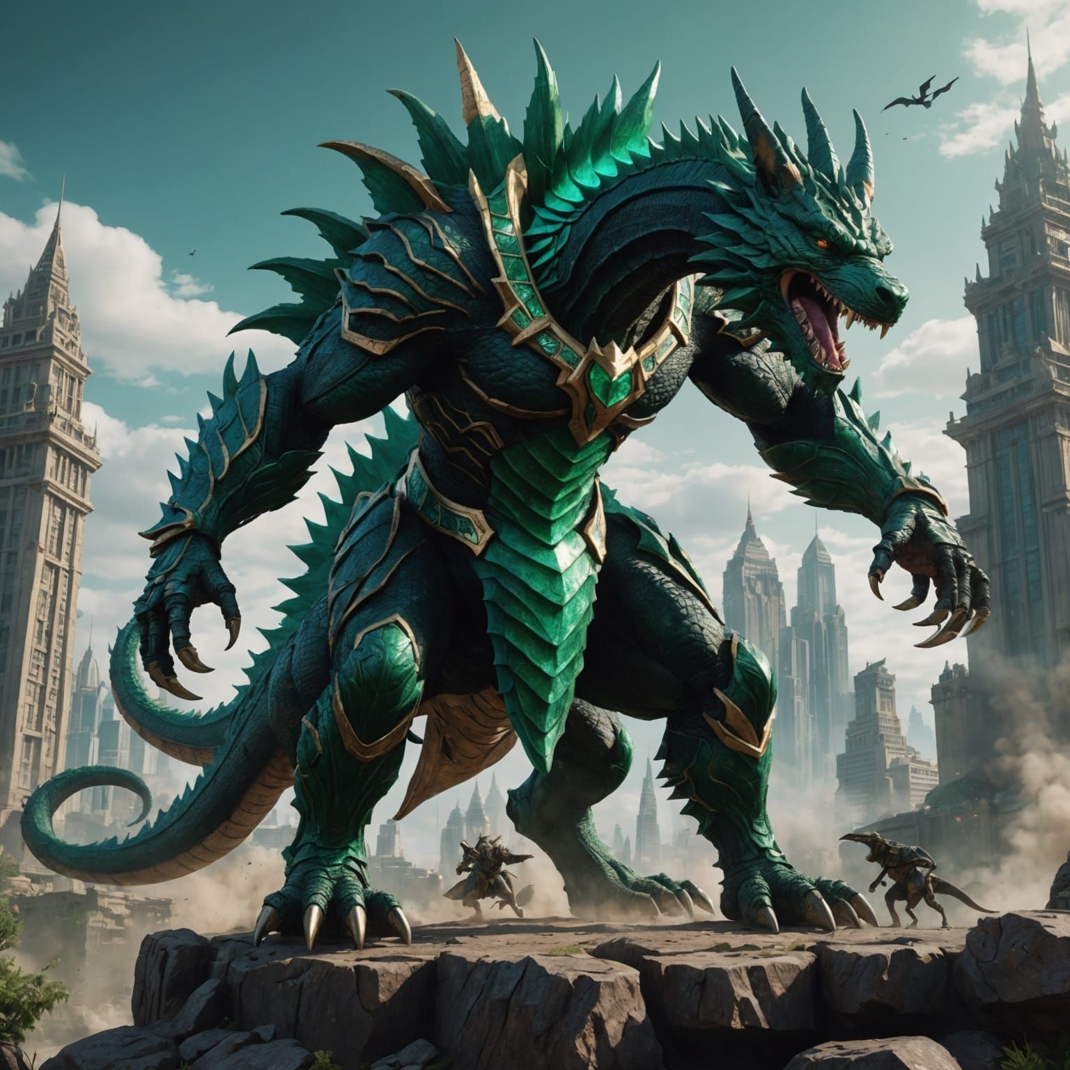 Emerald Anubis Godzilla Dragon in Detailed Digital Painting