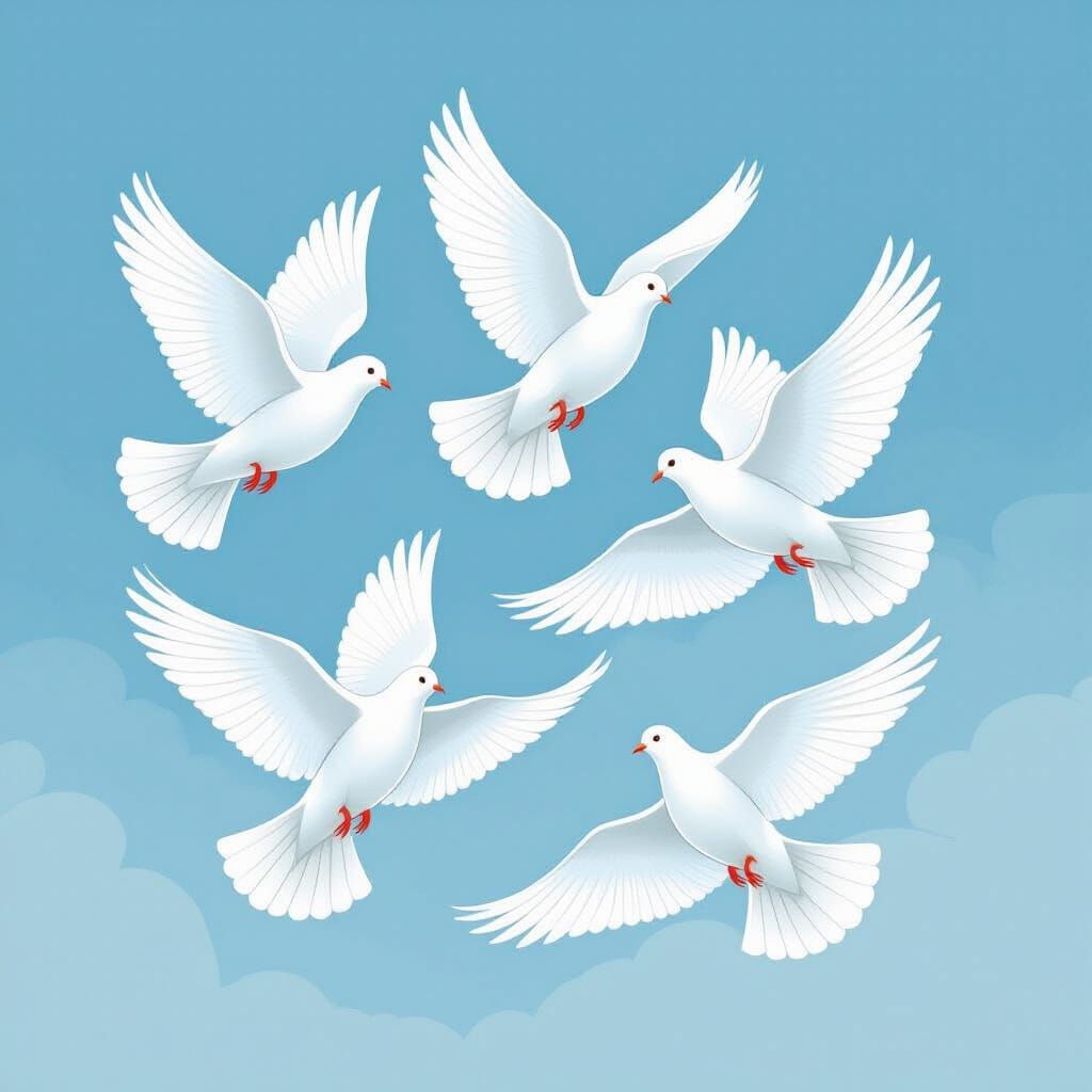 Five White Doves in Flight, Watercolor Style