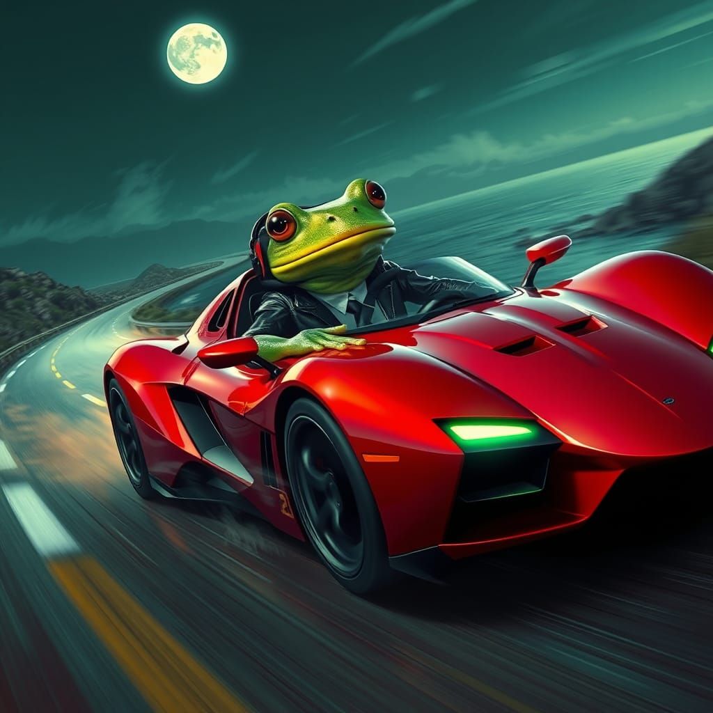 Frog Racer Drives Supercar in Cyberpunk Style