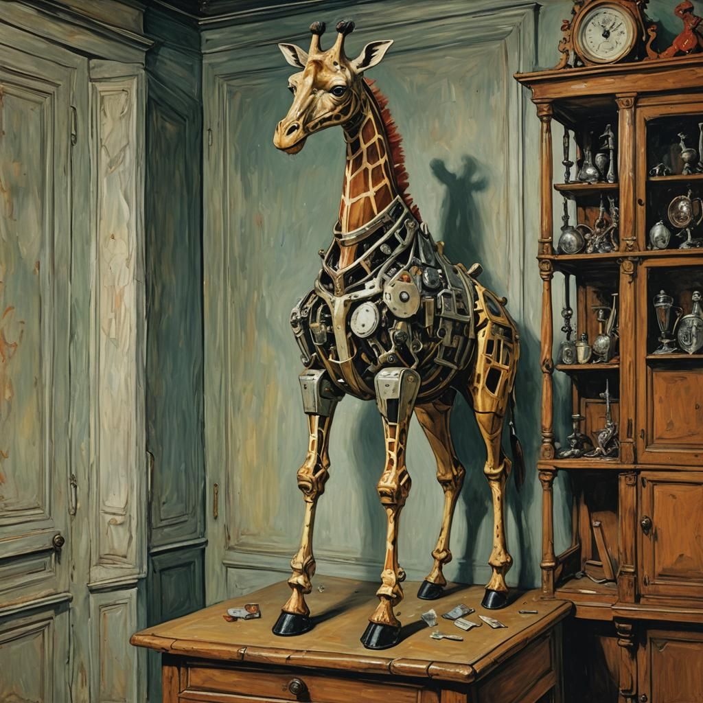 Mechanical Giraffe Climbing on Cabinet, Surreal Portraiture