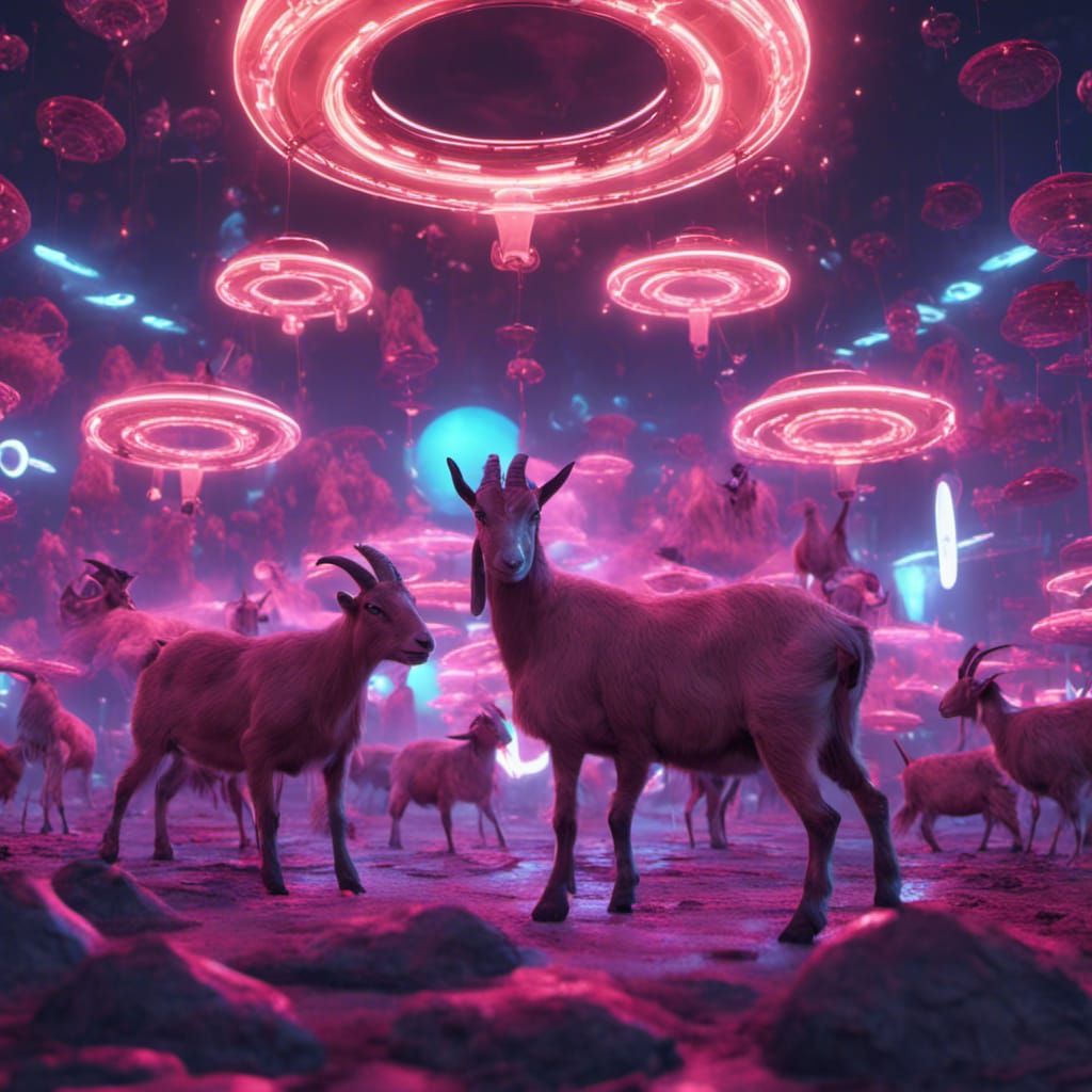 Goat Among UFOs in Dystopian Cityscape