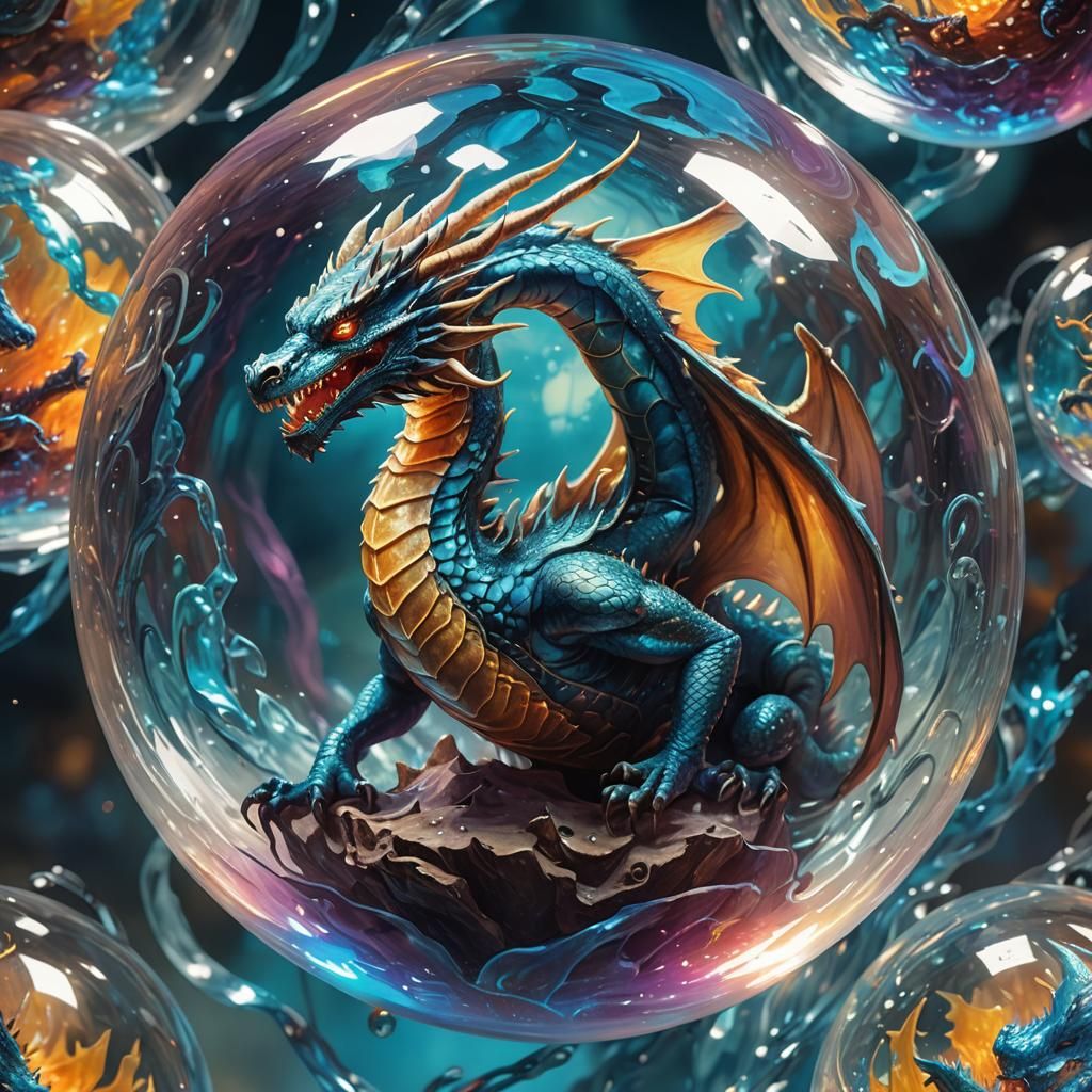 Dragon Trapped in Gelatin Sphere: Surreal Oil Painting