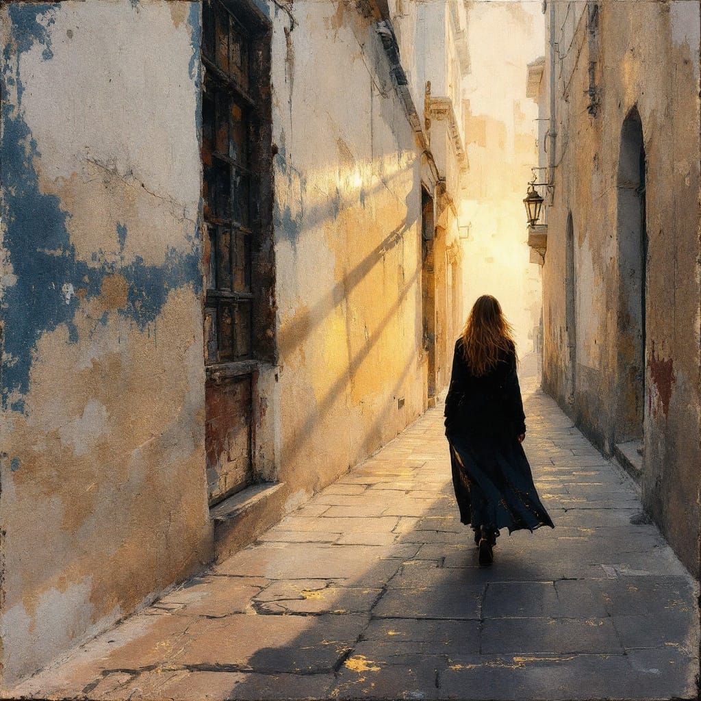 Sunlit Street Scene in Illuminated Fresco Style