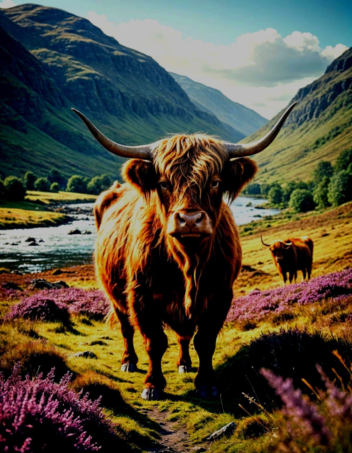 Scottish Highlands in Summer: Cows Grazing by River