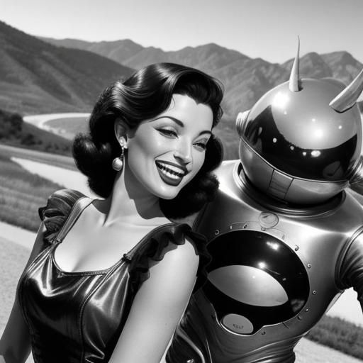 Vintage Photograph: Pinup Model Laughing with Alien