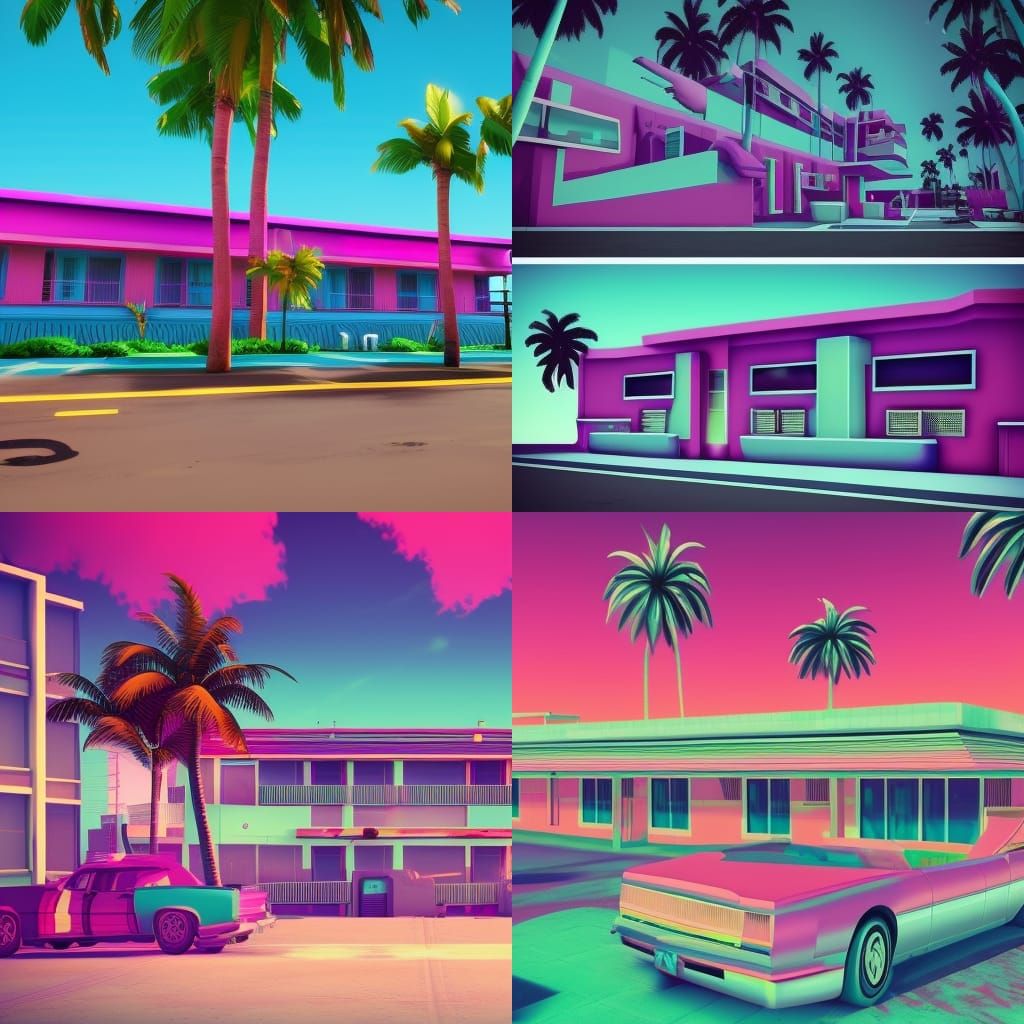 Retrowave Motel in Vice City: Detailed Matte Painting