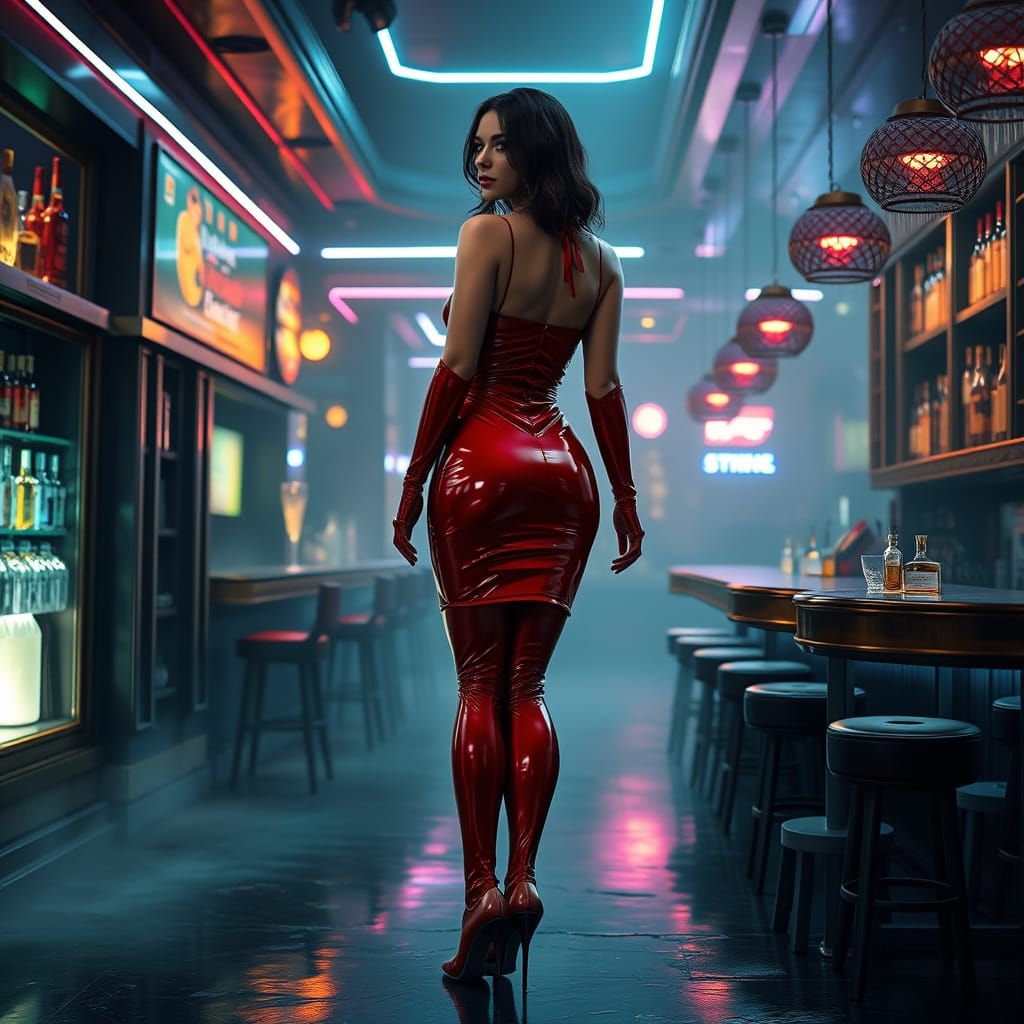 Fierce Red-Latex Goddess in a Fantastical Nightclub