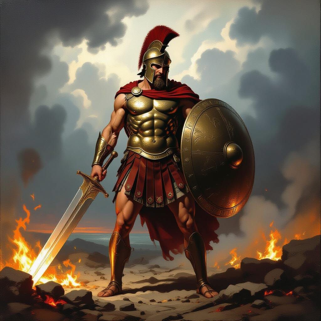 Epic Classical Painting of Ajax on Battlefield