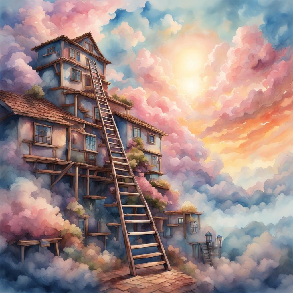 Sky Village Ascent: Watercolor Digital Matte Painting