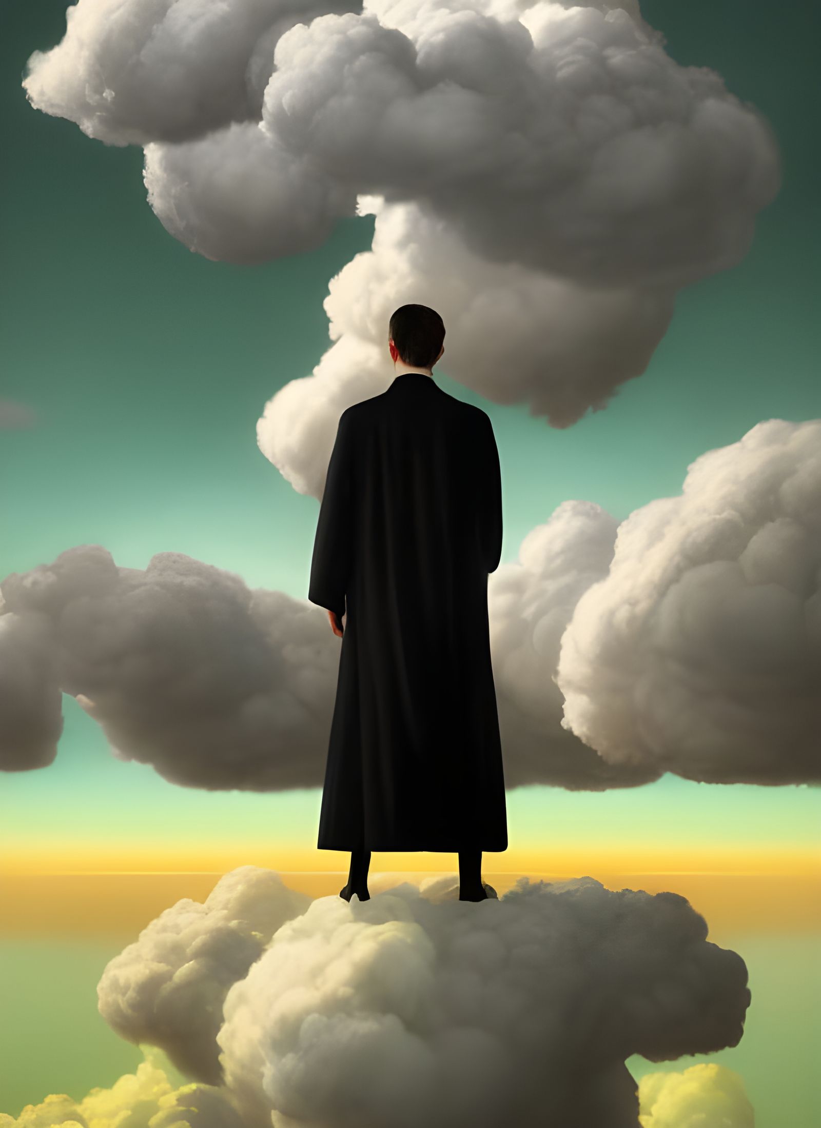 Man in Black on Clouds: Photorealistic Digital Art