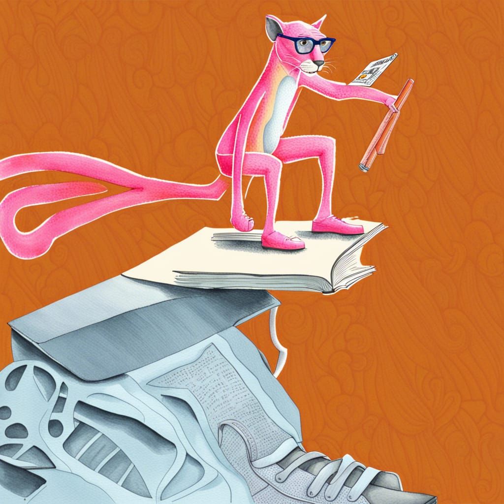 Pink Panther Reads Sci-Fi: Mixed Media Illustration