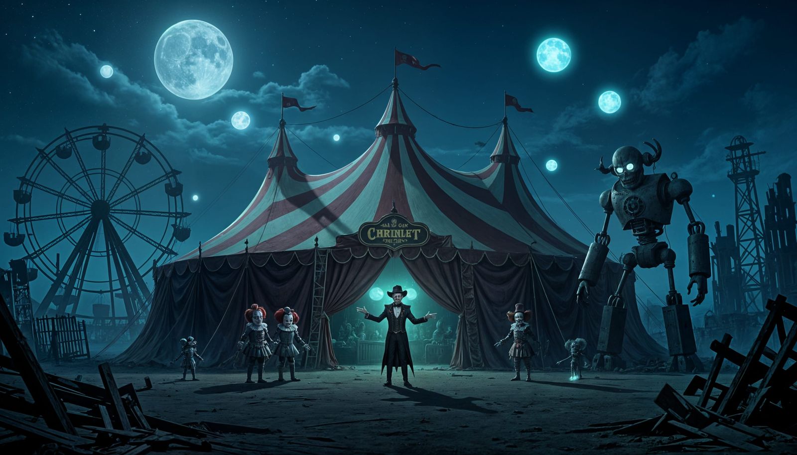 Sinister Circus Base in Moonlit Desert Ruins