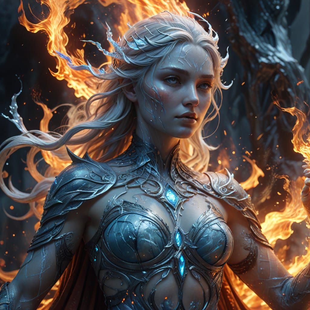 Goddess of Ice and Fire in Ethereal Fantasy Art Style
