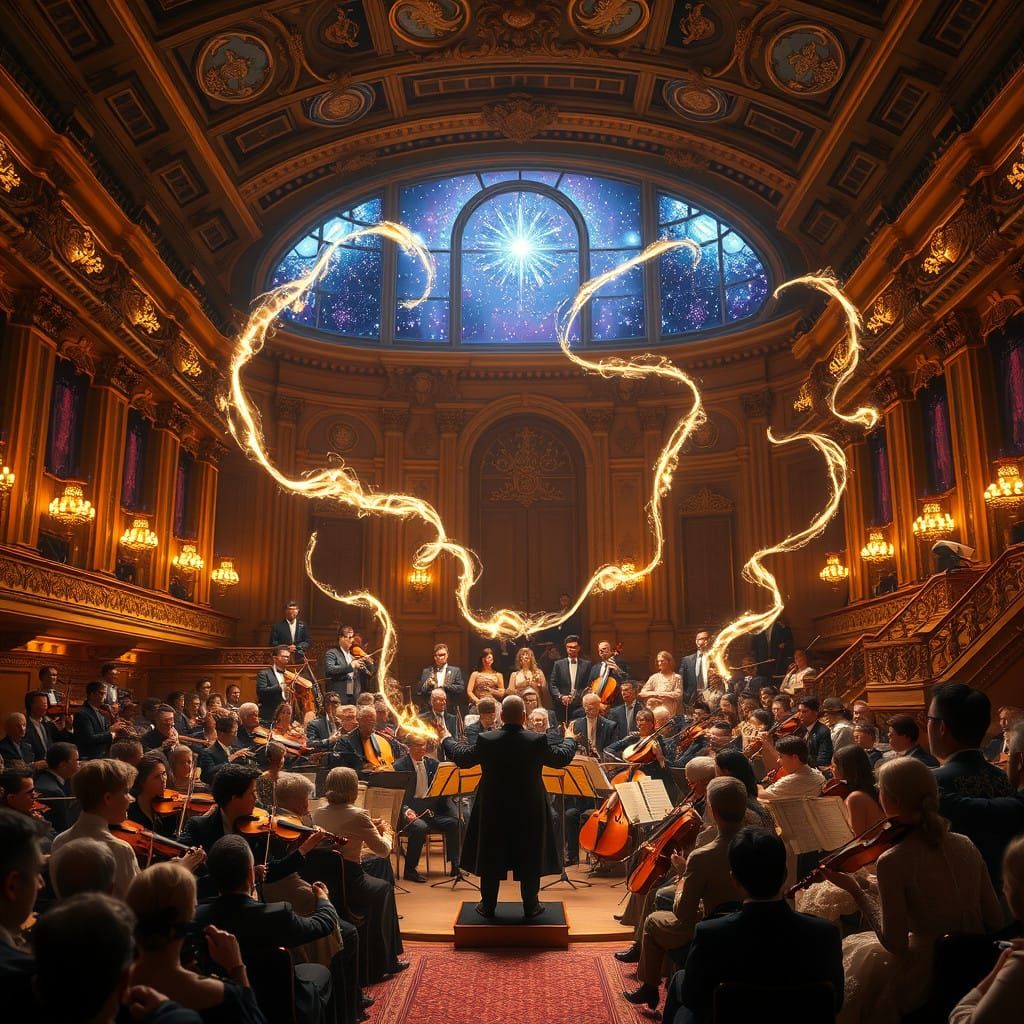 Grand Concert Hall Under Golden Light with Entranced Audienc...