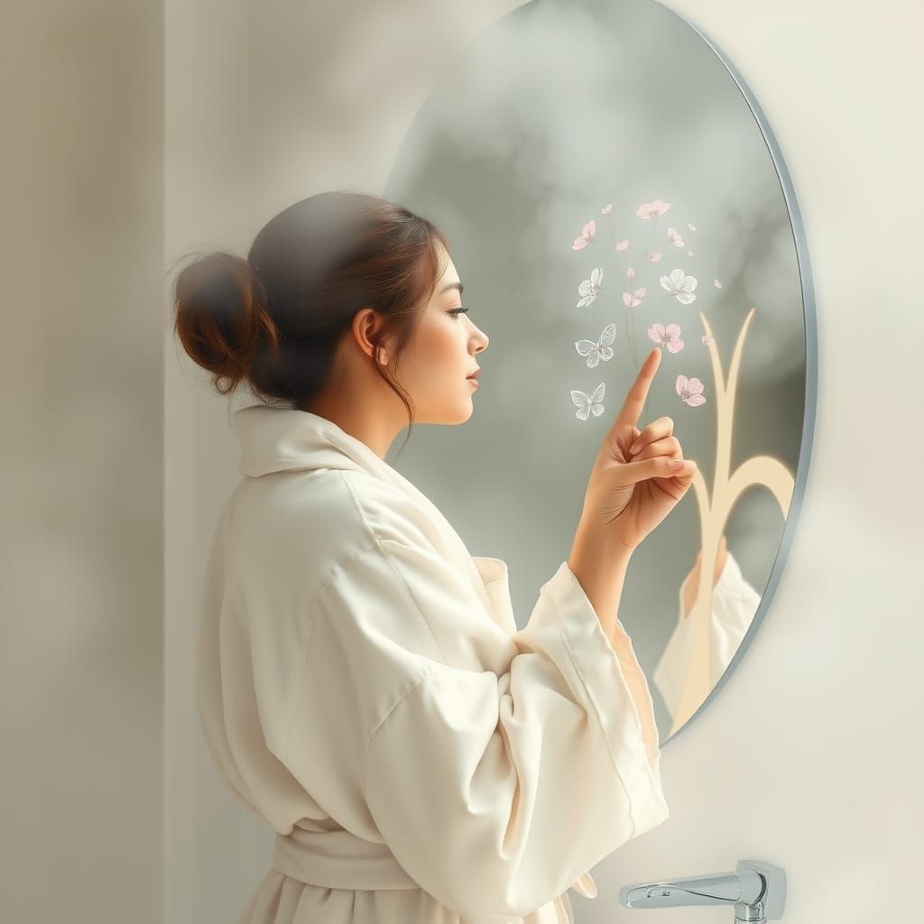Ethereal Woman Draws Flowers on Misty Mirror