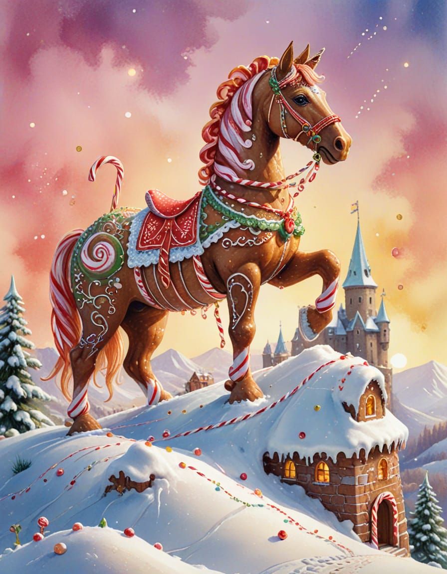Gingerbread Horse Guards Candy Fortress: Watercolor Illustra...