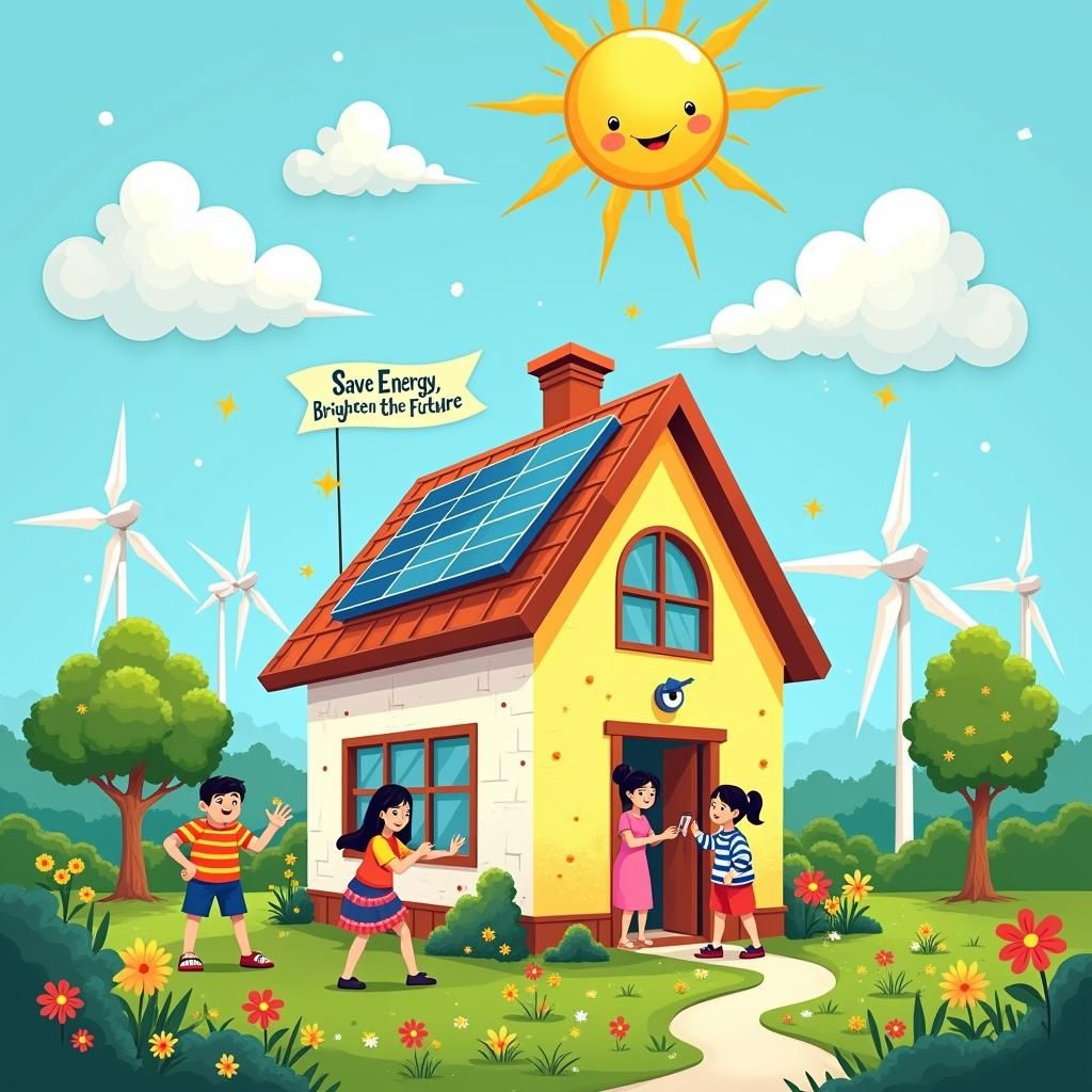 Cheerful Energy Conservation Illustration with Solar Panels