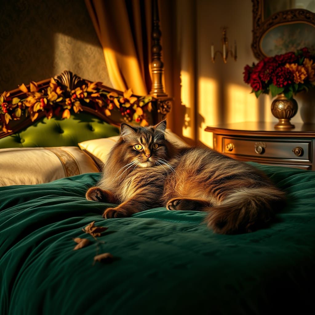 Luxurious Autumn Boudoir Scene with Majestic Maine Coone Cat