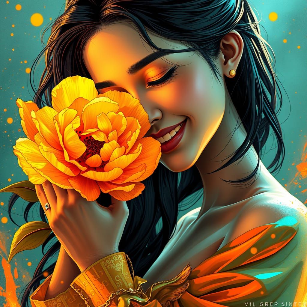 Woman in Golden Dress Admires Golden Peony in Black and Whit...