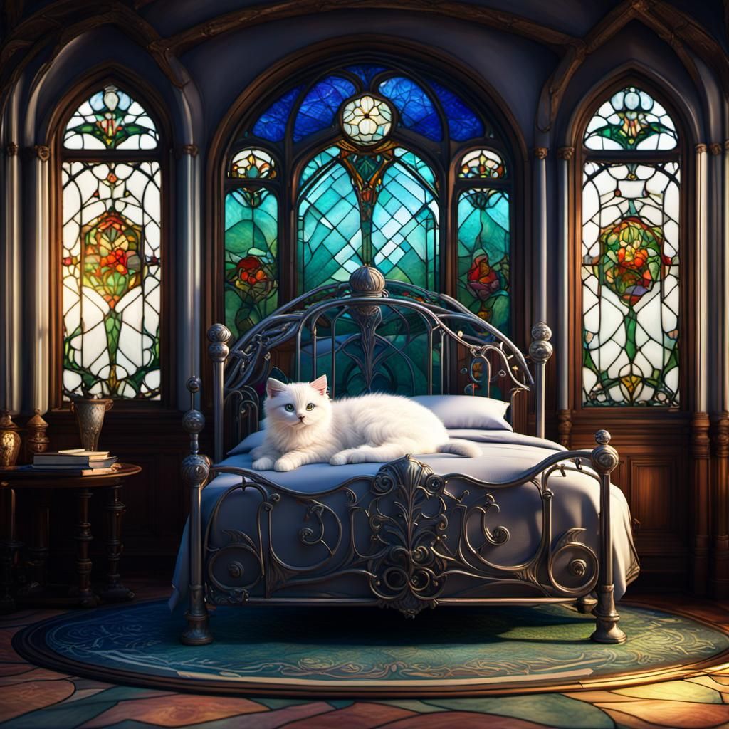 Art Nouveau Bedroom with Kitten, Detailed Matte Painting