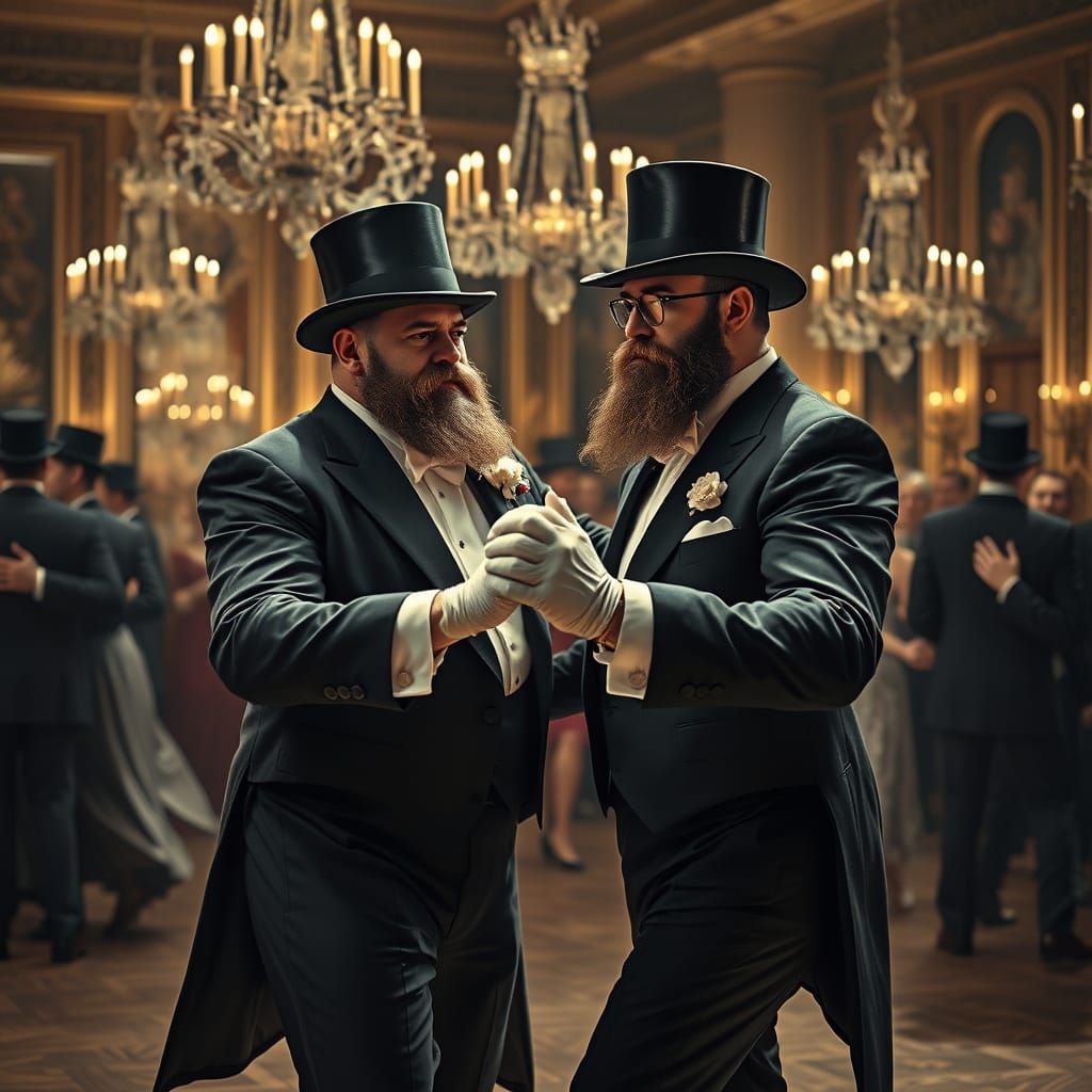 Men in Tuxedos Waltz in Gilded Age Ballroom