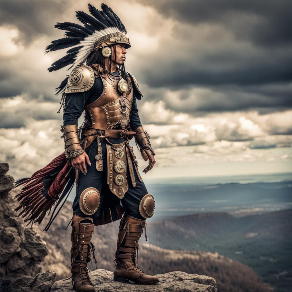 Steampunk Native American Warrior on Cliff