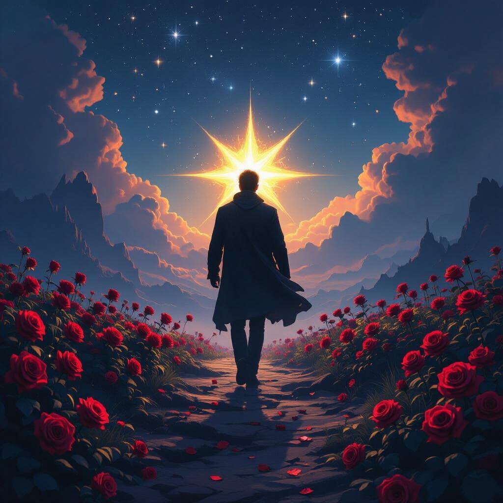 Man Glowing Like a Star in Dark Fantasy Landscape