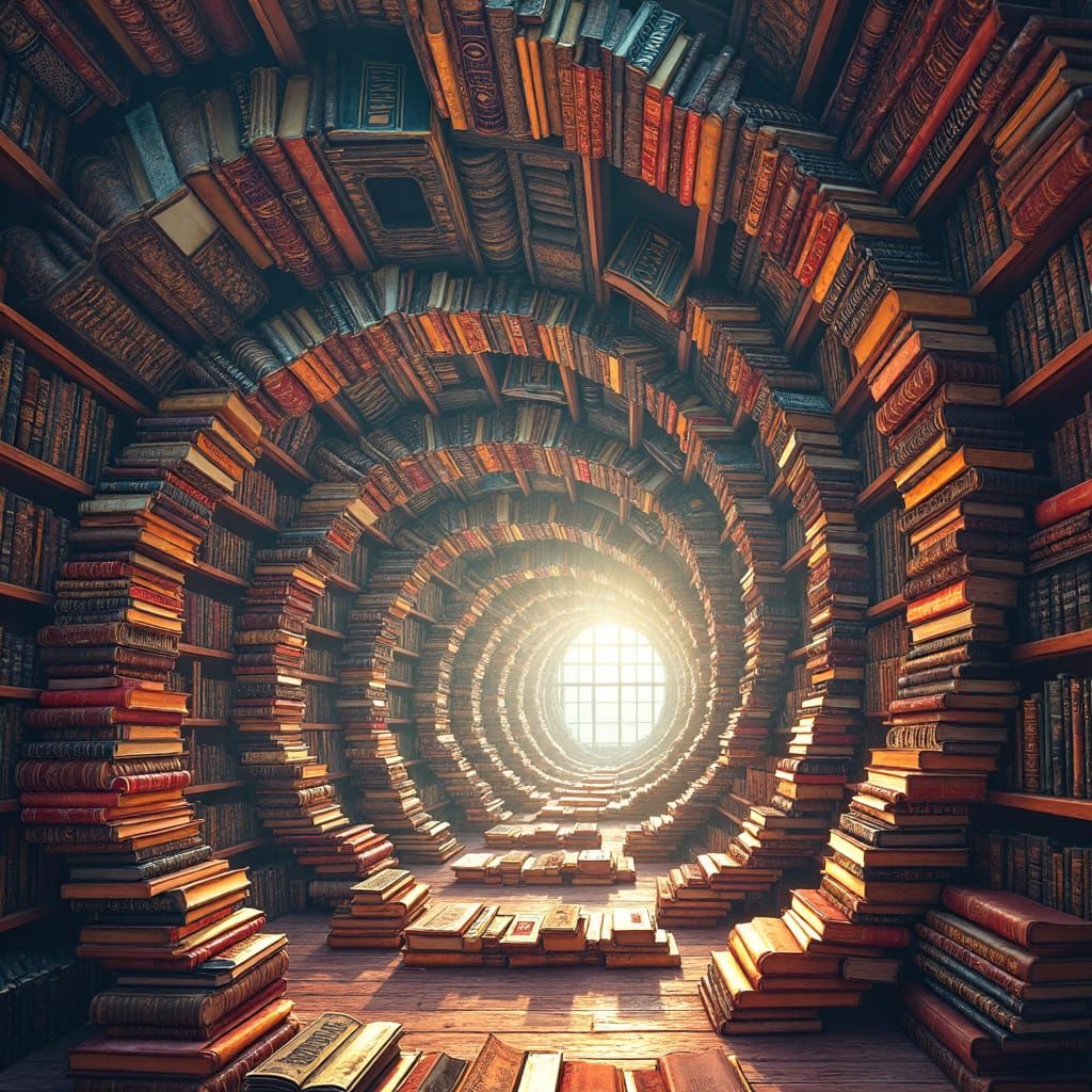 Whirling Library Vortex in Vibrant, Surrealist Style
