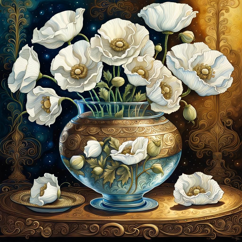 Elegant White Poppy Still Life in Gold Ink