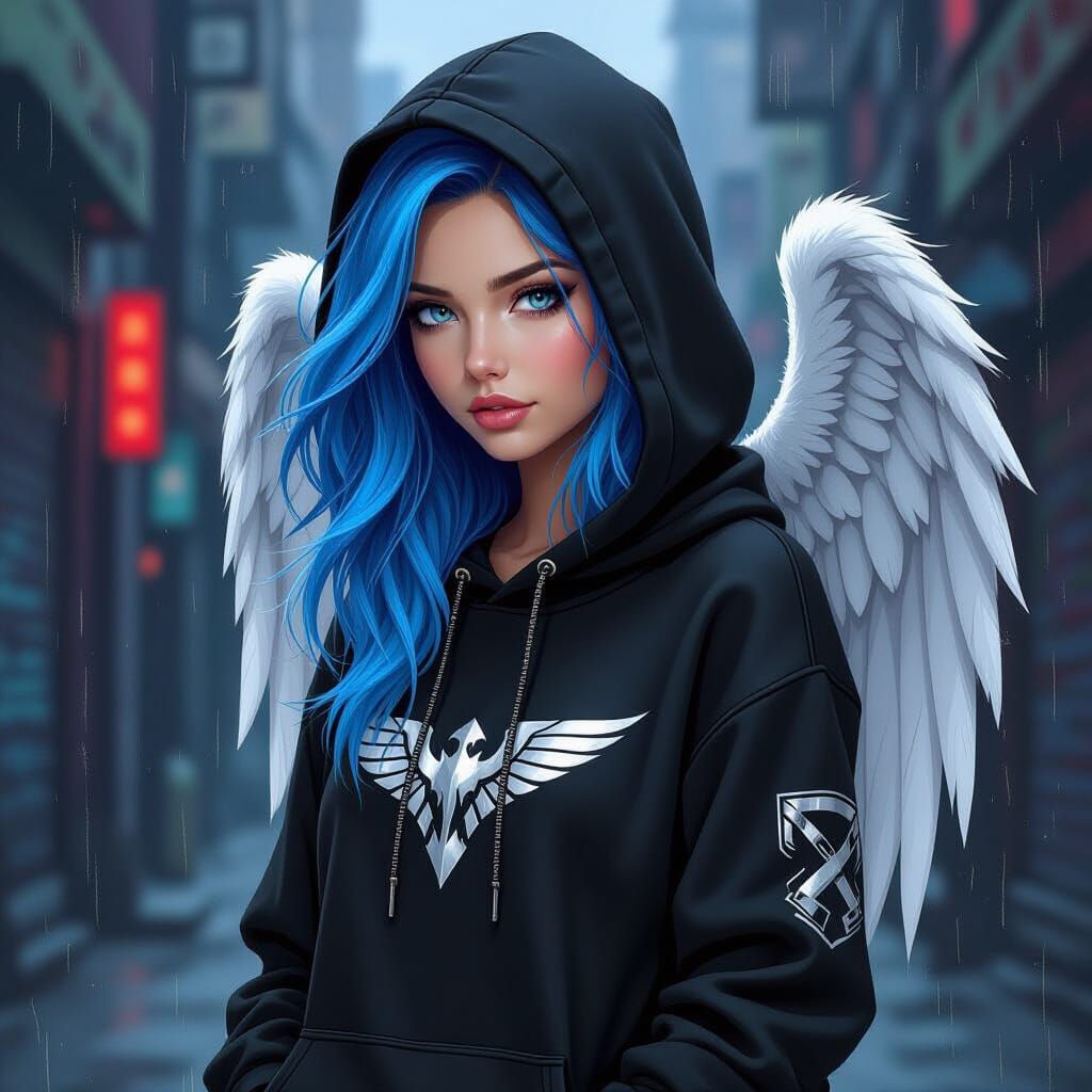 Punk Angel with Blue Hair in Urban Setting