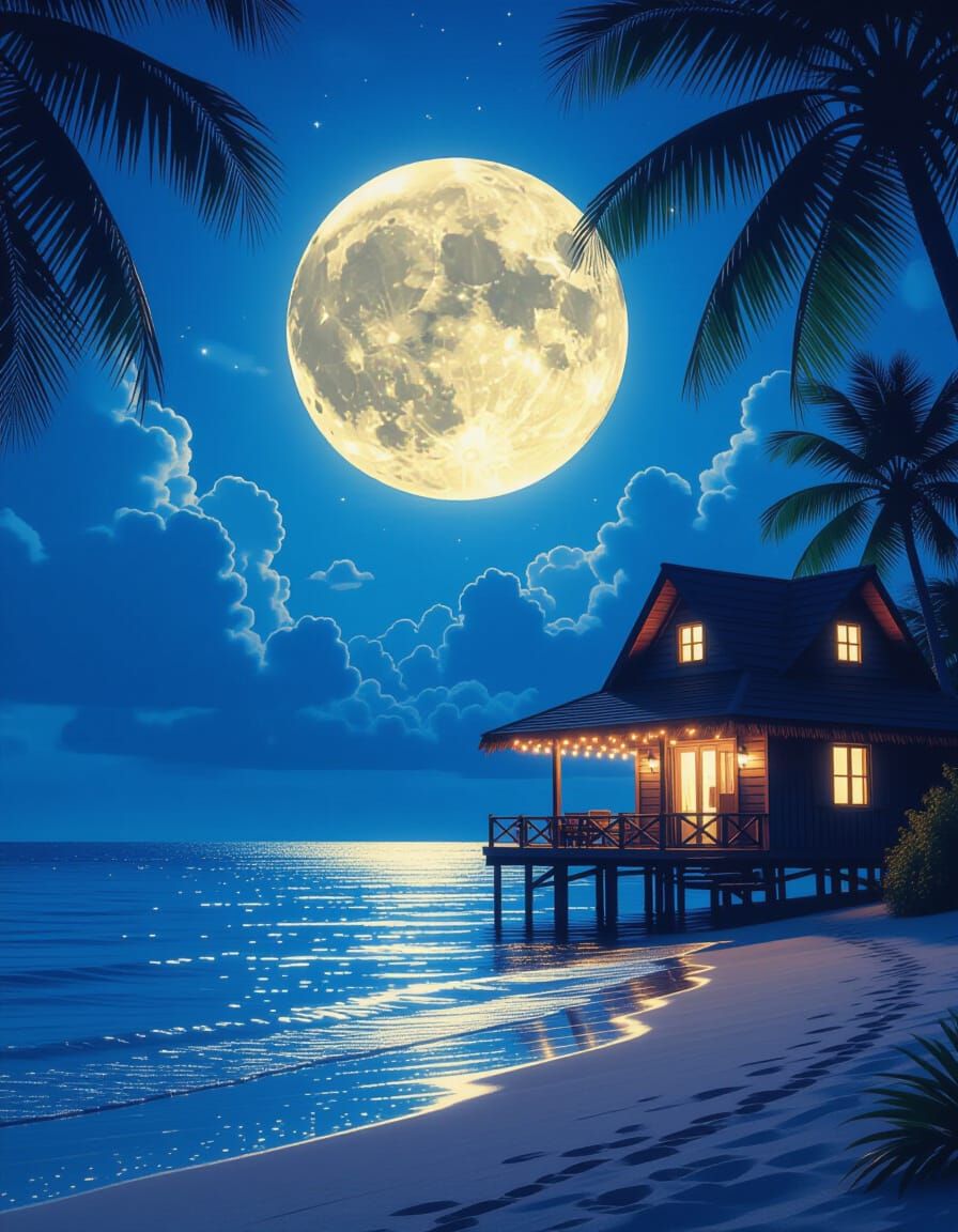 Tropical Island Night Scene with Glowing Moon and Beach Hous...