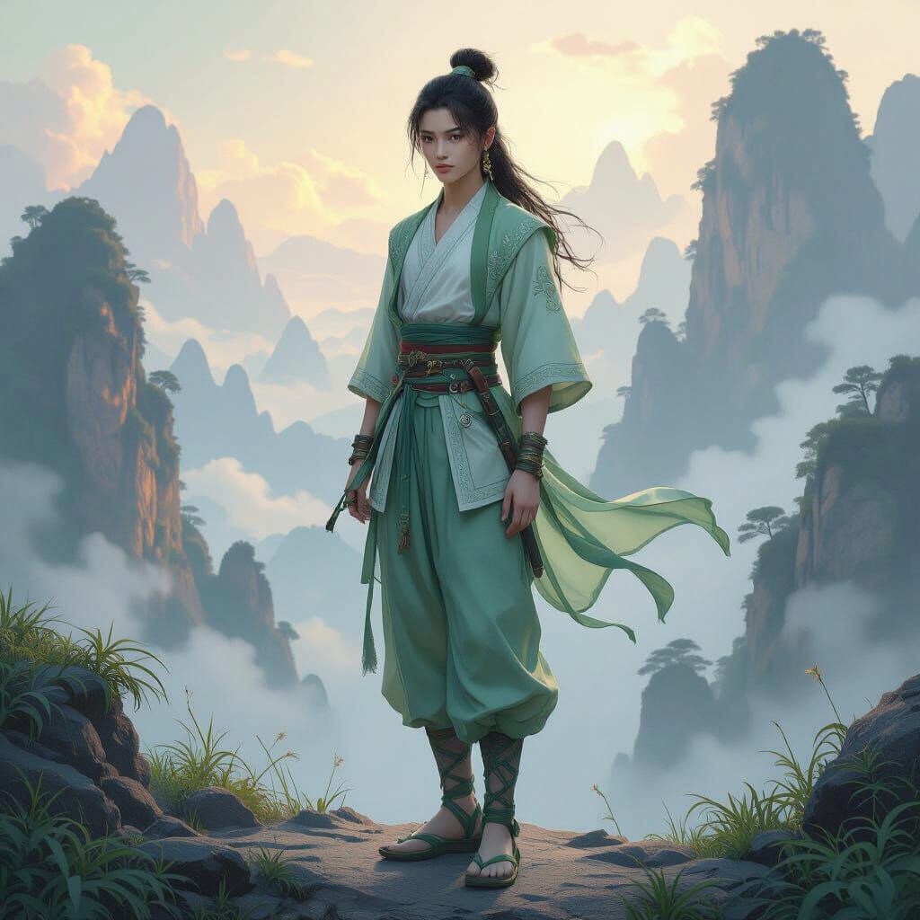 Xianxia Teen in Ornate Dark Fantasy Landscape
