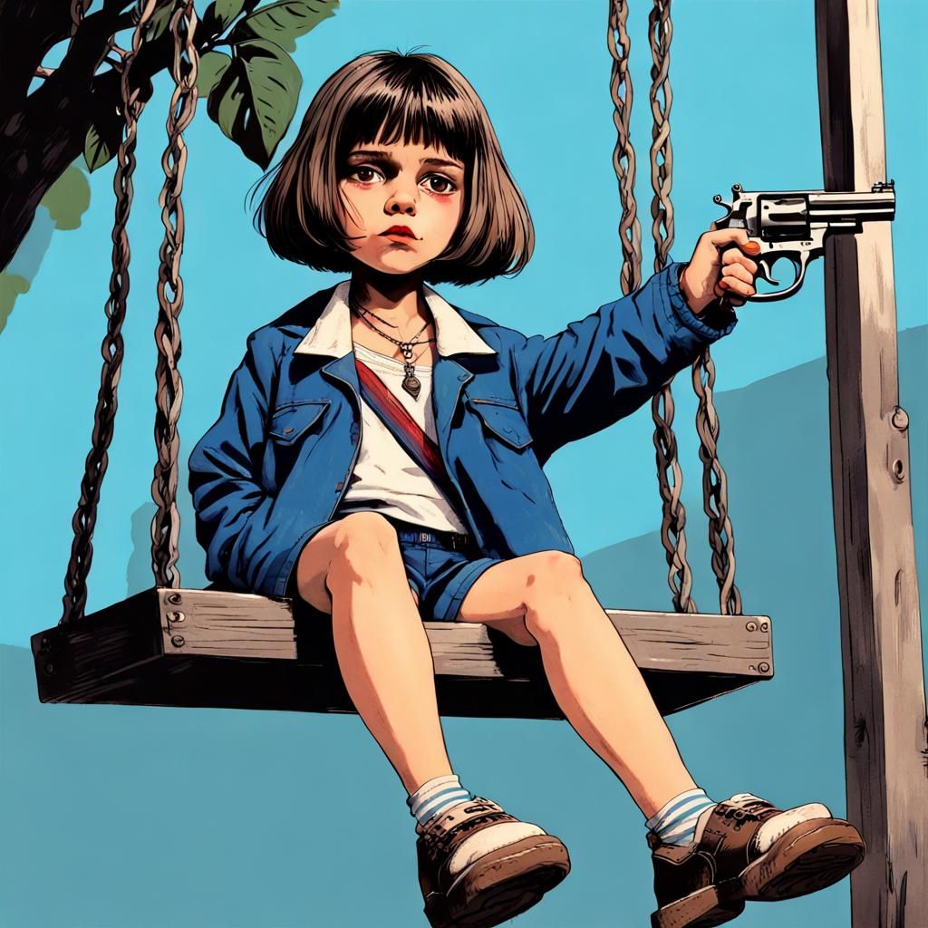 Girl on Swing with Revolver and Plant