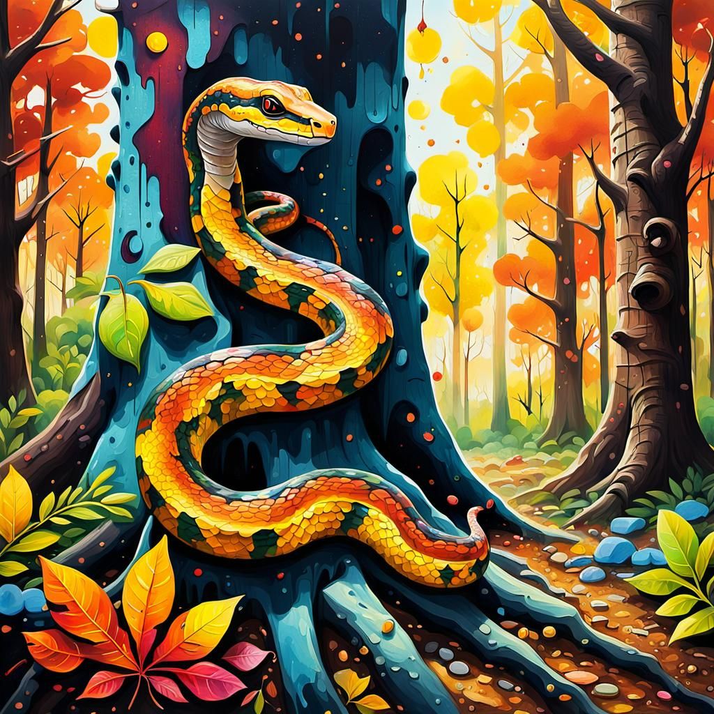 Lone Snake in Woods: Graffiti Street Art
