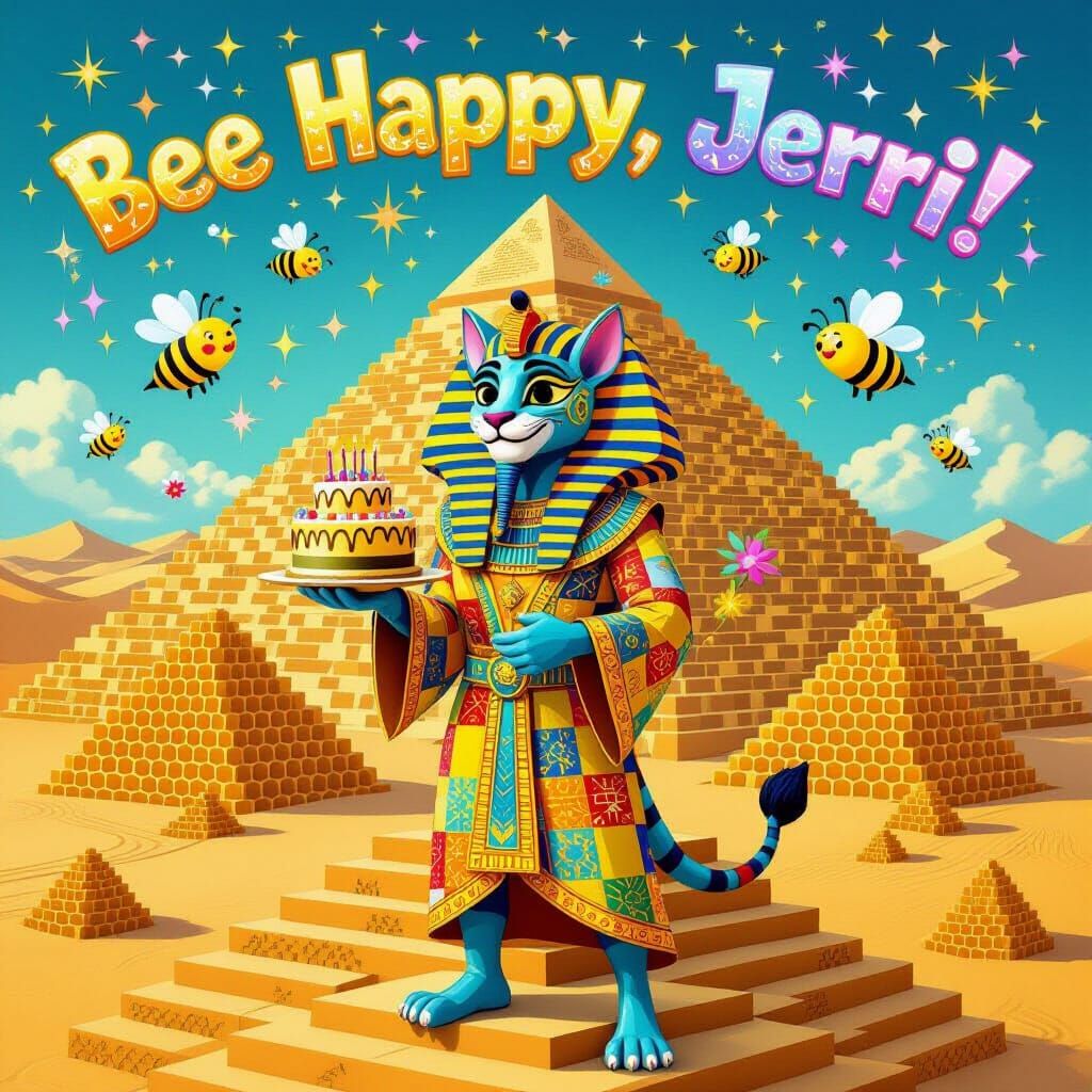 Mischievous Sphinx with Birthday Cake on Ziggurat