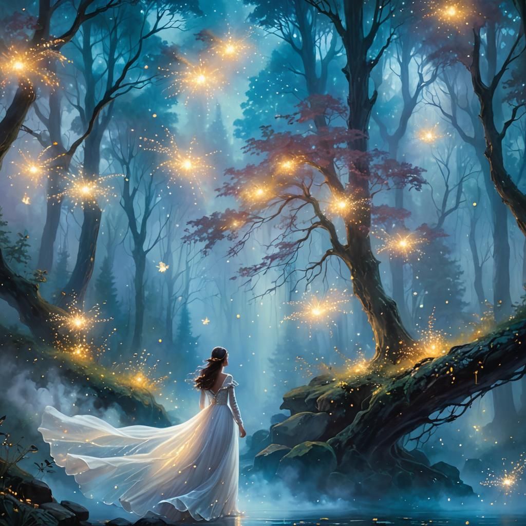 Ethereal Fantasy Woman in Misty Forest