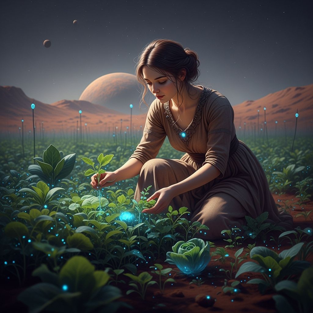 Bioluminescent Martian Seedlings with Woman, Ethereal Art