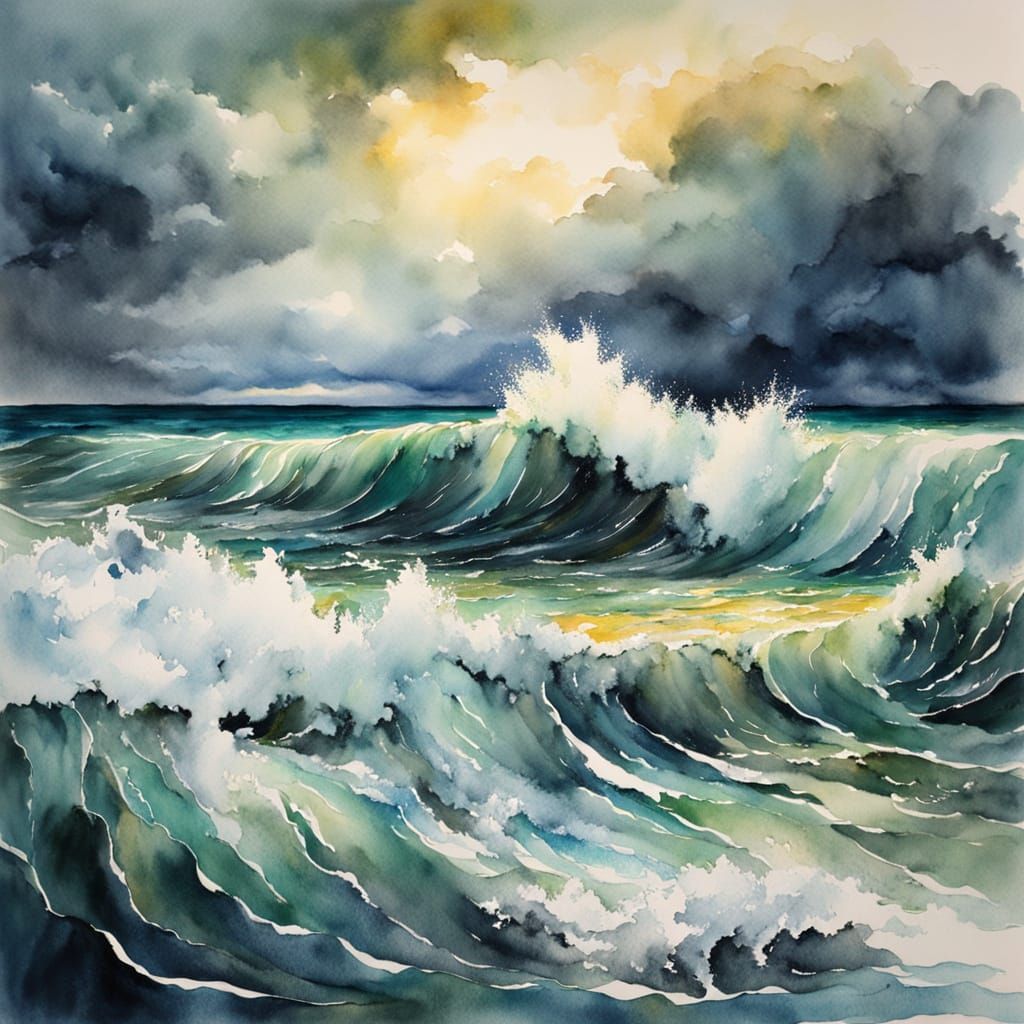 Tsunami Rages Where Earth Meets Sea: Watercolor Painting